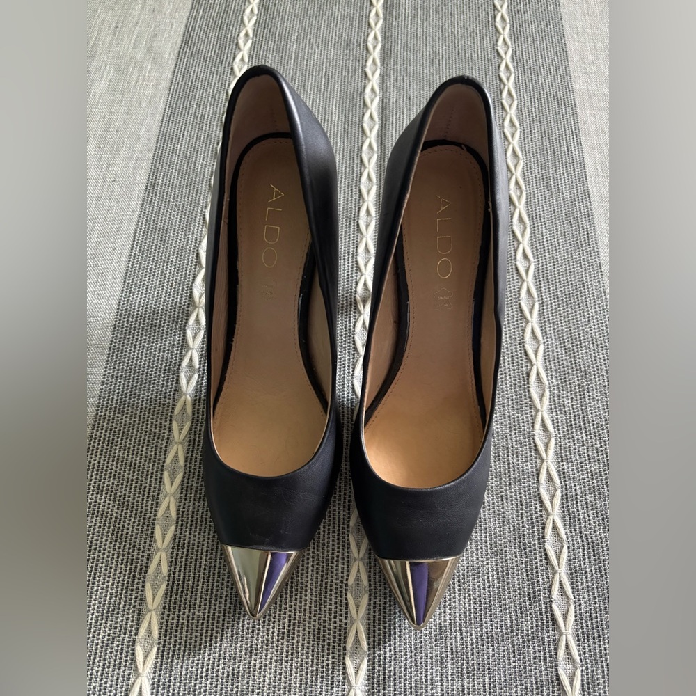 Aldo Black Heels with Gold Toe Cap